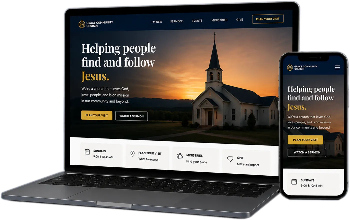 Example church website displayed on a laptop and phone